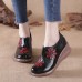 Women Retro Floral Embellished Genuine Leather Soft Comfy Wedges Shoes