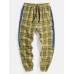 Mens Plaid Side Patchwork Drawstring Cotton Jogger Pants With Pocket