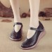 Women Retro Hollow Soft Comfy Genuine Leather Hook   Loop Mary Jane Wedges Shoes