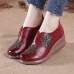 Women Retro Floral Embellished Genuine Leather Soft Comfy Wedges Shoes