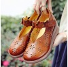 Women Casual Retro Floral Embellished Soft Comfy Breathable Hollow Leather Mary Jane Wedges Shoes