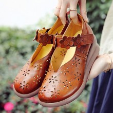 Women Casual Retro Floral Embellished Soft Comfy Breathable Hollow Leather Mary Jane Wedges Shoes