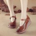 Women Retro Hollow Soft Comfy Genuine Leather Hook   Loop Mary Jane Wedges Shoes