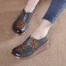 Women Retro Floral Embellished Genuine Leather Soft Comfy Wedges Shoes