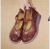 Women Retro Hollow Soft Comfy Genuine Leather Hook   Loop Mary Jane Wedges Shoes