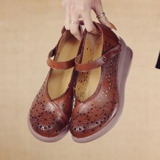 Women Retro Hollow Soft Comfy Genuine Leather Hook   Loop Mary Jane Wedges Shoes