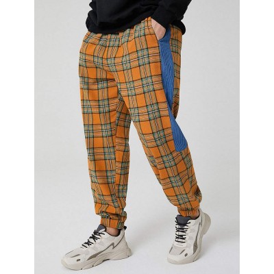 Mens Plaid Side Patchwork Drawstring Cotton Jogger Pants With Pocket