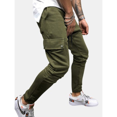 Mens Solid Color Multi  Pocket Drawstring Waist Jogger Pants