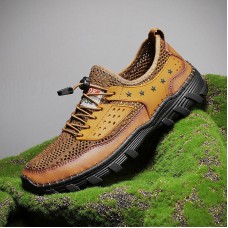 Menico Men Breathable Mesh Splicing Rubber Soled Handmade Leather Shoes