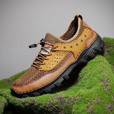 Menico Men Breathable Mesh Splicing Rubber Soled Handmade Leather Shoes