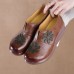 Women Retro Floral Embellished Genuine Leather Soft Comfy Wedges Shoes